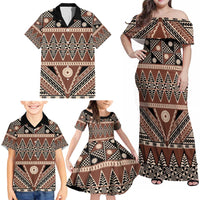 Vintage Bula Fiji Family Matching Off Shoulder Maxi Dress and Hawaiian Shirt Brown Tapa Masi Motif LT9 - Polynesian Pride