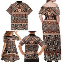 Vintage Bula Fiji Family Matching Off Shoulder Maxi Dress and Hawaiian Shirt Brown Tapa Masi Motif LT9 - Polynesian Pride
