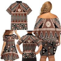 Vintage Bula Fiji Family Matching Off Shoulder Short Dress and Hawaiian Shirt Brown Tapa Masi Motif LT9 - Polynesian Pride