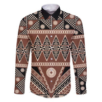 Vintage Bula Fiji Family Matching Puletasi and Hawaiian Shirt Brown Tapa Masi Motif LT9 Dad's Shirt - Long Sleeve Brown - Polynesian Pride
