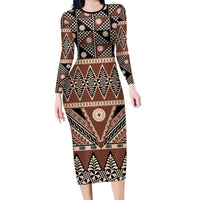 Vintage Bula Fiji Long Sleeve Bodycon Dress Brown Tapa Masi Motif LT9 Long Dress Brown - Polynesian Pride