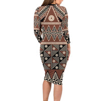 Vintage Bula Fiji Long Sleeve Bodycon Dress Brown Tapa Masi Motif LT9 - Polynesian Pride