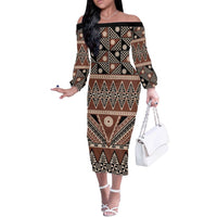 Vintage Bula Fiji Off The Shoulder Long Sleeve Dress Brown Tapa Masi Motif LT9 Women Brown - Polynesian Pride