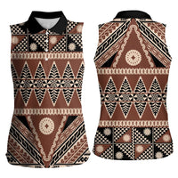 Vintage Bula Fiji Women Sleeveless Polo Shirt Brown Tapa Masi Motif LT9 - Polynesian Pride