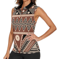 Vintage Bula Fiji Women Sleeveless Polo Shirt Brown Tapa Masi Motif LT9 - Polynesian Pride
