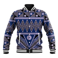 Vintage Bula Fiji Baseball Jacket Prussian Blue Tapa Masi Motif