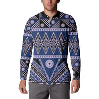 Vintage Bula Fiji Button Sweatshirt Prussian Blue Tapa Masi Motif