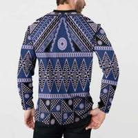 Vintage Bula Fiji Button Sweatshirt Prussian Blue Tapa Masi Motif
