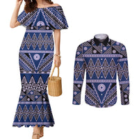 Vintage Bula Fiji Couples Matching Mermaid Dress and Long Sleeve Button Shirt Prussian Blue Tapa Masi Motif LT9 Blue - Polynesian Pride