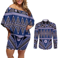 Vintage Bula Fiji Couples Matching Off Shoulder Short Dress and Long Sleeve Button Shirt Prussian Blue Tapa Masi Motif LT9 Blue - Polynesian Pride