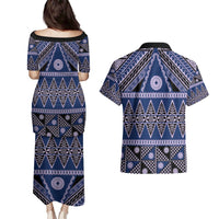 Vintage Bula Fiji Couples Matching Puletasi and Hawaiian Shirt Prussian Blue Tapa Masi Motif LT9 - Polynesian Pride