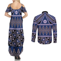 Vintage Bula Fiji Couples Matching Summer Maxi Dress and Long Sleeve Button Shirt Prussian Blue Tapa Masi Motif LT9 - Polynesian Pride