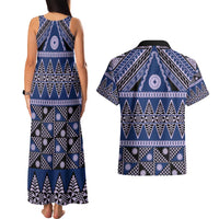 Vintage Bula Fiji Couples Matching Tank Maxi Dress and Hawaiian Shirt Prussian Blue Tapa Masi Motif LT9 - Polynesian Pride