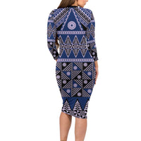 Vintage Bula Fiji Family Matching Long Sleeve Bodycon Dress and Hawaiian Shirt Prussian Blue Tapa Masi Motif LT9 - Polynesian Pride
