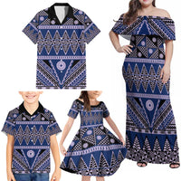 Vintage Bula Fiji Family Matching Off Shoulder Maxi Dress and Hawaiian Shirt Prussian Blue Tapa Masi Motif LT9 - Polynesian Pride