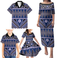 Vintage Bula Fiji Family Matching Puletasi and Hawaiian Shirt Prussian Blue Tapa Masi Motif LT9 - Polynesian Pride