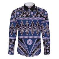 Vintage Bula Fiji Family Matching Short Sleeve Bodycon Dress and Hawaiian Shirt Prussian Blue Tapa Masi Motif LT9 Dad's Shirt - Long Sleeve Blue - Polynesian Pride