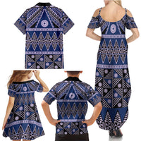 Vintage Bula Fiji Family Matching Summer Maxi Dress and Hawaiian Shirt Prussian Blue Tapa Masi Motif LT9 - Polynesian Pride