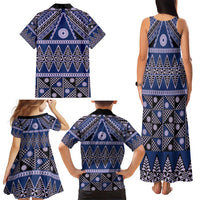 Vintage Bula Fiji Family Matching Tank Maxi Dress and Hawaiian Shirt Prussian Blue Tapa Masi Motif LT9 - Polynesian Pride