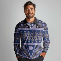 Vintage Bula Fiji Long Sleeve Polo Shirt Prussian Blue Tapa Masi Motif