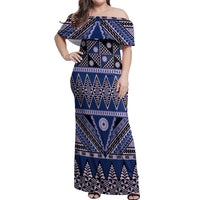 Vintage Bula Fiji Off Shoulder Maxi Dress Prussian Blue Tapa Masi Motif