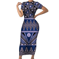Vintage Bula Fiji Short Sleeve Bodycon Dress Prussian Blue Tapa Masi Motif LT9 Long Dress Blue - Polynesian Pride