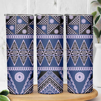 Vintage Bula Fiji Skinny Tumbler Prussian Blue Tapa Masi Motif LT9 - Polynesian Pride