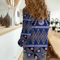 Vintage Bula Fiji Women Casual Shirt Prussian Blue Tapa Masi Motif LT9 - Polynesian Pride