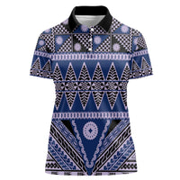Vintage Bula Fiji Women Polo Shirt Prussian Blue Tapa Masi Motif LT9 Female Blue - Polynesian Pride
