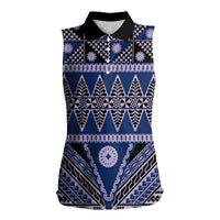 Vintage Bula Fiji Women Sleeveless Polo Shirt Prussian Blue Tapa Masi Motif LT9 Female Blue - Polynesian Pride