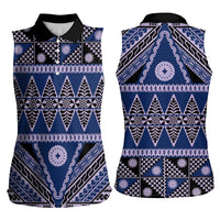 Vintage Bula Fiji Women Sleeveless Polo Shirt Prussian Blue Tapa Masi Motif LT9 - Polynesian Pride
