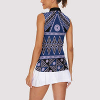 Vintage Bula Fiji Women Sleeveless Polo Shirt Prussian Blue Tapa Masi Motif LT9 - Polynesian Pride