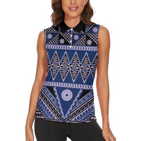 Vintage Bula Fiji Women Sleeveless Polo Shirt Prussian Blue Tapa Masi Motif LT9 - Polynesian Pride