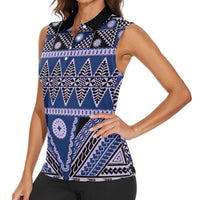 Vintage Bula Fiji Women Sleeveless Polo Shirt Prussian Blue Tapa Masi Motif LT9 - Polynesian Pride