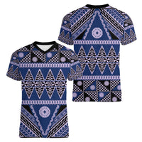 Vintage Bula Fiji Women V-Neck T-Shirt Prussian Blue Tapa Masi Motif LT9 - Polynesian Pride