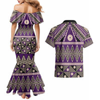 Vintage Bula Fiji Couples Matching Mermaid Dress and Hawaiian Shirt Purple Tapa Masi Motif LT9 - Polynesian Pride