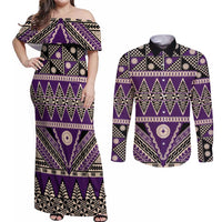 Vintage Bula Fiji Couples Matching Off Shoulder Maxi Dress and Long Sleeve Button Shirt Purple Tapa Masi Motif LT9 Purple - Polynesian Pride