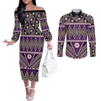 Vintage Bula Fiji Couples Matching Off The Shoulder Long Sleeve Dress and Long Sleeve Button Shirt Purple Tapa Masi Motif LT9 Purple - Polynesian Pride