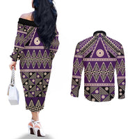 Vintage Bula Fiji Couples Matching Off The Shoulder Long Sleeve Dress and Long Sleeve Button Shirt Purple Tapa Masi Motif LT9 - Polynesian Pride