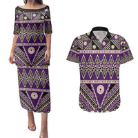 Vintage Bula Fiji Couples Matching Puletasi and Hawaiian Shirt Purple Tapa Masi Motif LT9 Purple - Polynesian Pride