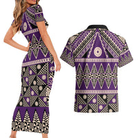 Vintage Bula Fiji Couples Matching Short Sleeve Bodycon Dress and Hawaiian Shirt Purple Tapa Masi Motif LT9 - Polynesian Pride
