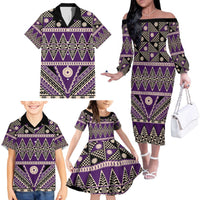 Vintage Bula Fiji Family Matching Off The Shoulder Long Sleeve Dress and Hawaiian Shirt Purple Tapa Masi Motif LT9 - Polynesian Pride