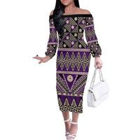 Vintage Bula Fiji Family Matching Off The Shoulder Long Sleeve Dress and Hawaiian Shirt Purple Tapa Masi Motif LT9 Mom's Dress Purple - Polynesian Pride