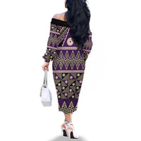 Vintage Bula Fiji Family Matching Off The Shoulder Long Sleeve Dress and Hawaiian Shirt Purple Tapa Masi Motif LT9 - Polynesian Pride