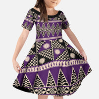 Vintage Bula Fiji Family Matching Short Sleeve Bodycon Dress and Hawaiian Shirt Purple Tapa Masi Motif LT9 Daughter's Dress Purple - Polynesian Pride