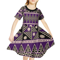 Vintage Bula Fiji Kid Short Sleeve Dress Purple Tapa Masi Motif LT9 - Polynesian Pride
