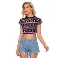 Vintage Bula Fiji Raglan Cropped T Shirt Purple Tapa Masi Motif LT9 Female Purple - Polynesian Pride