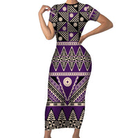 Vintage Bula Fiji Short Sleeve Bodycon Dress Purple Tapa Masi Motif LT9 Long Dress Purple - Polynesian Pride