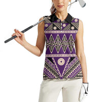 Vintage Bula Fiji Women Sleeveless Polo Shirt Purple Tapa Masi Motif LT9 - Polynesian Pride