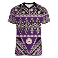 Vintage Bula Fiji Women V-Neck T-Shirt Purple Tapa Masi Motif LT9 Female Purple - Polynesian Pride